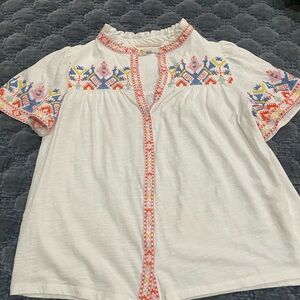Boden White Blouse with Colorful Embroidery